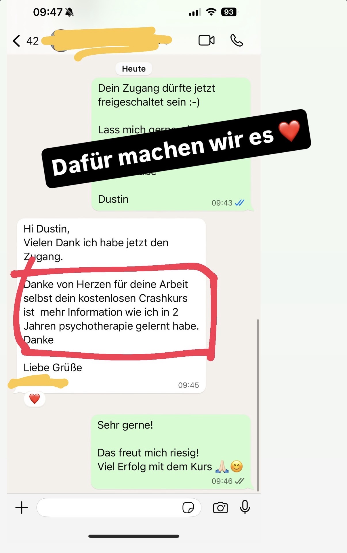 WhatsApp-Dankesnachricht einer Klientin nach dem kostenlosen Crashkurs.