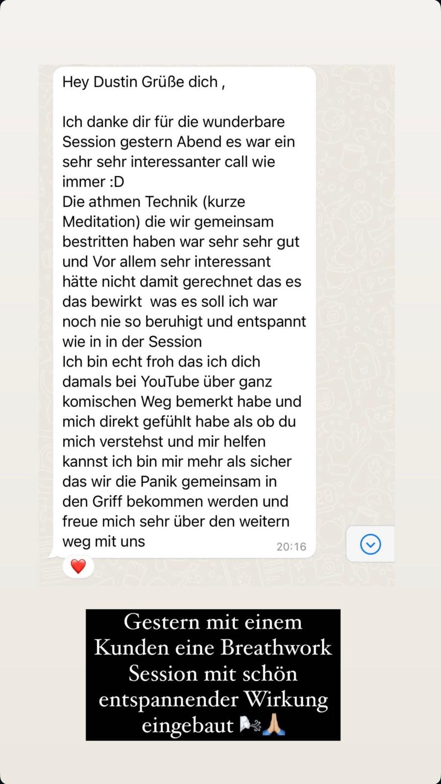 WhatsApp-Nachricht: Aha-Moment nach einer gemeinsamen Breathwork-Session.
